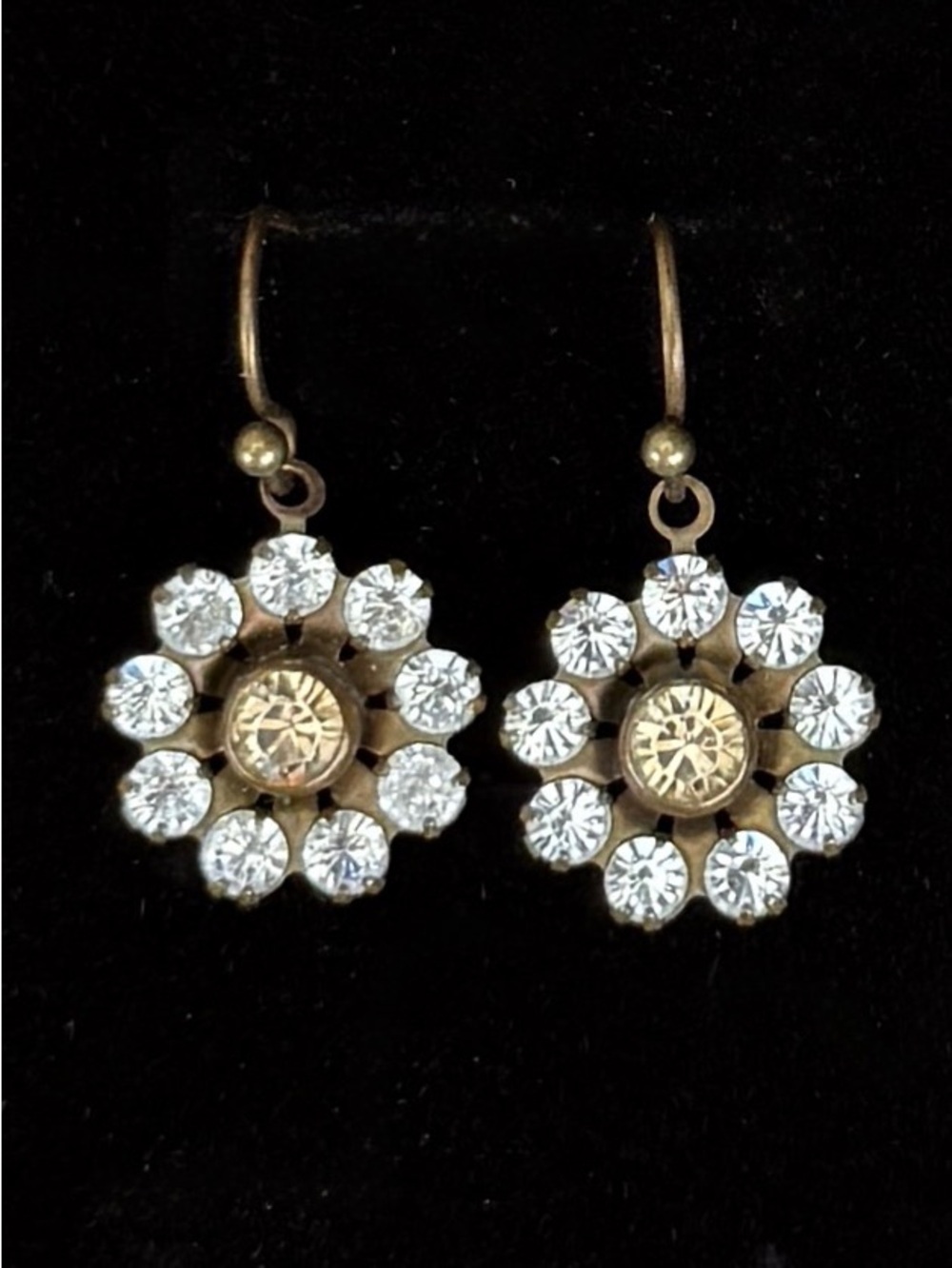Vintage aged, brass tone, bling flower, delicate pierced drop earrings